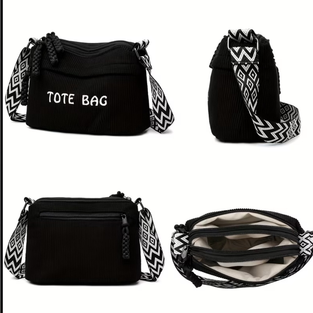 White Tote Bag with Patterned Strap - Picture 2 of 3